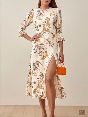 Reformation Carolena Black & Cream Spot Midi Dress with Smocked Cuffs, Side Slit